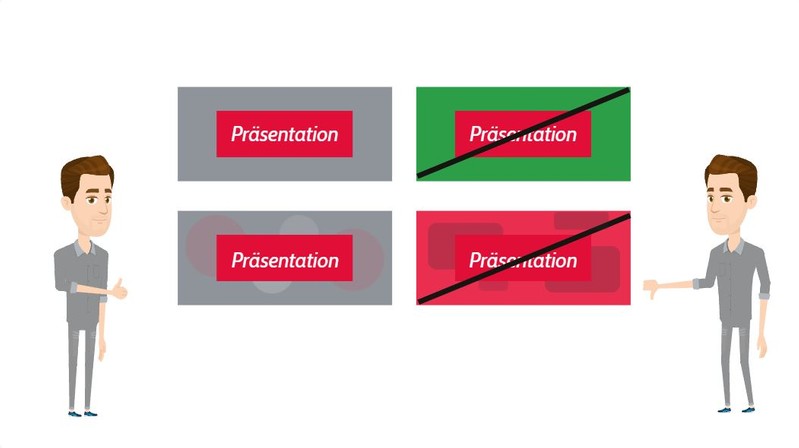 Das Bild zeigt vier Präsentationsfolien in verschiedenen Farbkombinationen, von denen zwei nicht zu empfehlen sind (Rot/Grün, Rot/Rot).