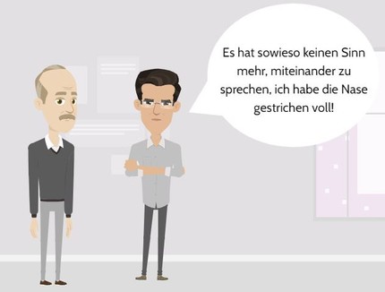 Das Bild zeigt einen Ratsuchenden, der sich vor seinem Dozenten sehr negativ äußert.
