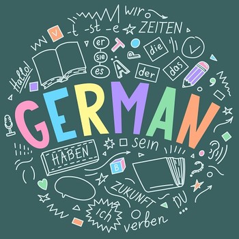 Das Bild zeigt eine Tafel mit Wörtern zum Thema Deutsch lernen (z. B. haben, sein, Verben, Zeiten, etc.)