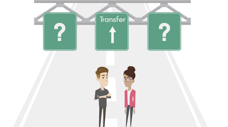 Das Bild zeigt einen Kursteilnehmer und seine Dozentin an einer Autobahn. Auf den Autobahnschildern sind Fragezeichen sowie das Wort "Transfer" zu lesen.