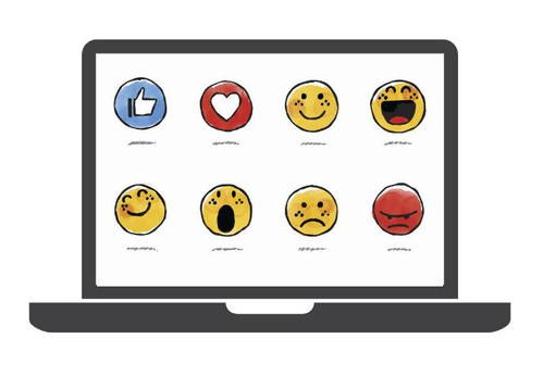 Auf dem Bild ist ein Laptopbildschirm zu sehen, darauf acht Emojis, die unterschiedliche Stimmungen zeigen.
