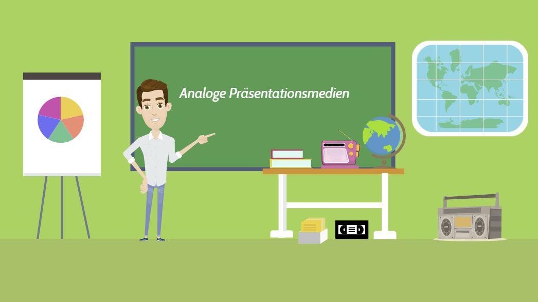 Das Bild zeigt einen Kursraum mit verschiedenen analogen Präsentationsmedien.