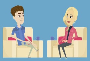 Das Bild zeigt eine Comiczeichnung von einer jungen Frau mit blondem Pferdeschwanz und einer roten Sweatshirtjack. Sie sitzt einem einem dunklen Holztisch. Ihr gegenüber sitzt ein ältere Herr mit grauen, kurzen Haaren und einem rot-blau-karriertem Hemd. Die beiden unterhalten sich.