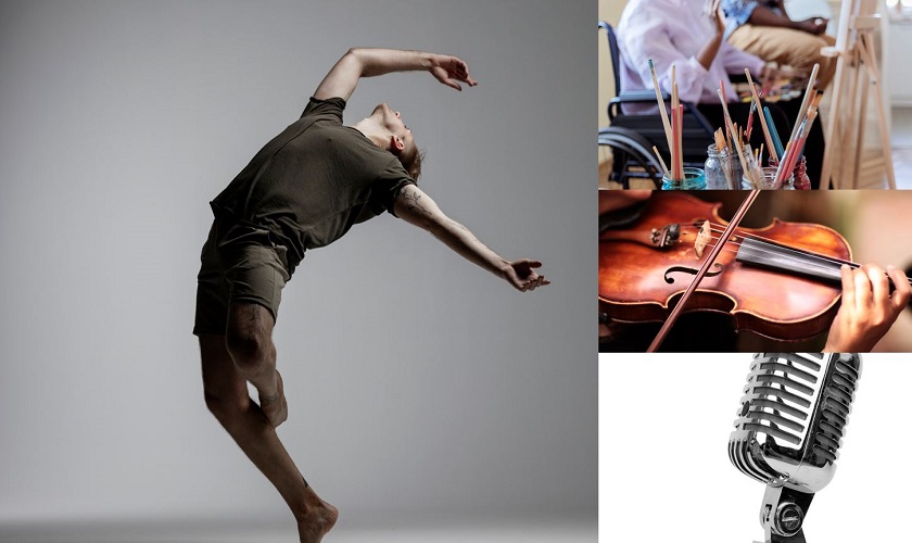 Das Bild zeigt eine Collage mit Bildern zum Thema Üben: einen Maler, eine Geige, ein Mikrophon und einen Tänzer.