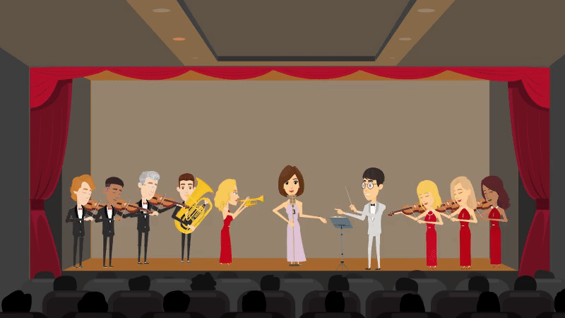 Das animierte Bild zeigt ein Cartoonorchester. Ein Dirigent steht vor einer Gruppe musizierender Gitarristen, Schlagzeuger, Saxophonspieler, Streicher und einer Sängerin.