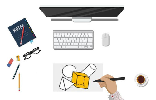 Auf dem Bild ist ein Schreibtisch mit einem Computer zu sehen sowie eine Hand, die auf einem Blatt Papier geometrische Figuren zeichnet.