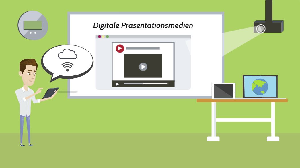 Das Bild zeigt einen Kursraum mit verschiedenen digitalen Präsentationsmedien.