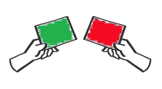 Das Bild zeigt zwei Hände, die eine grüne und eine rote Karte halten.