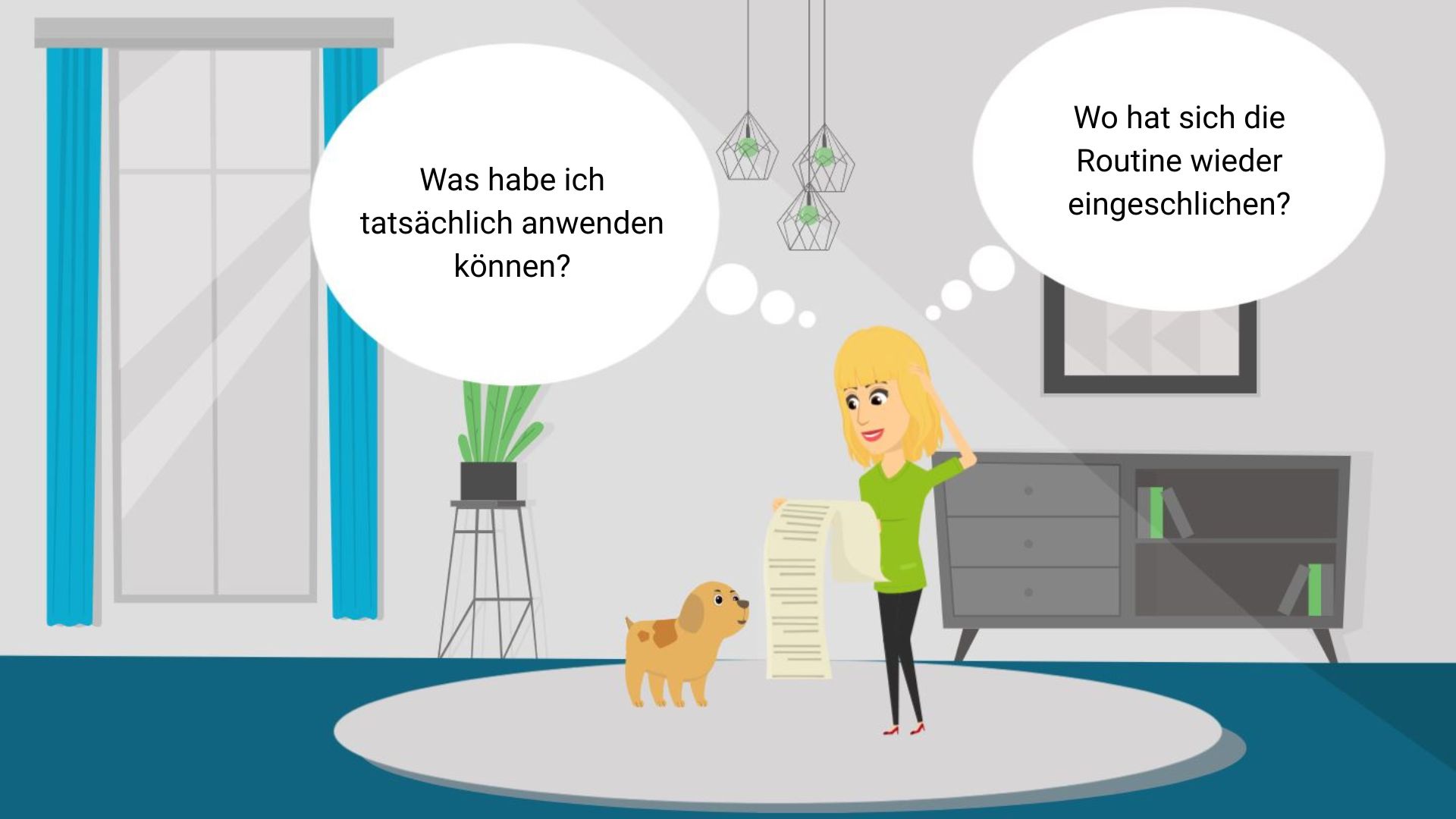 Das Brief zeigt eine Seminarteilnehmende auf einer Couch in ihrem Wohnzimmer. Sie liest den "Brief an mich selbst".